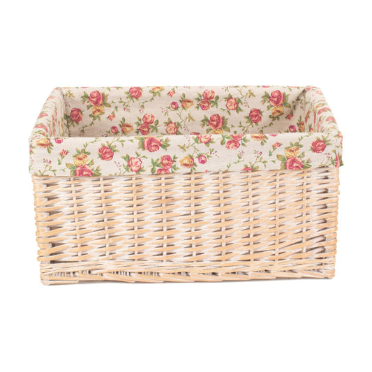 Extra Large White Wash Willow Storage Basket with Garden Rose Lining