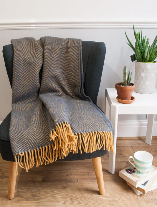 Herringbone Pure New Wool Throw - Navy/Mustard
