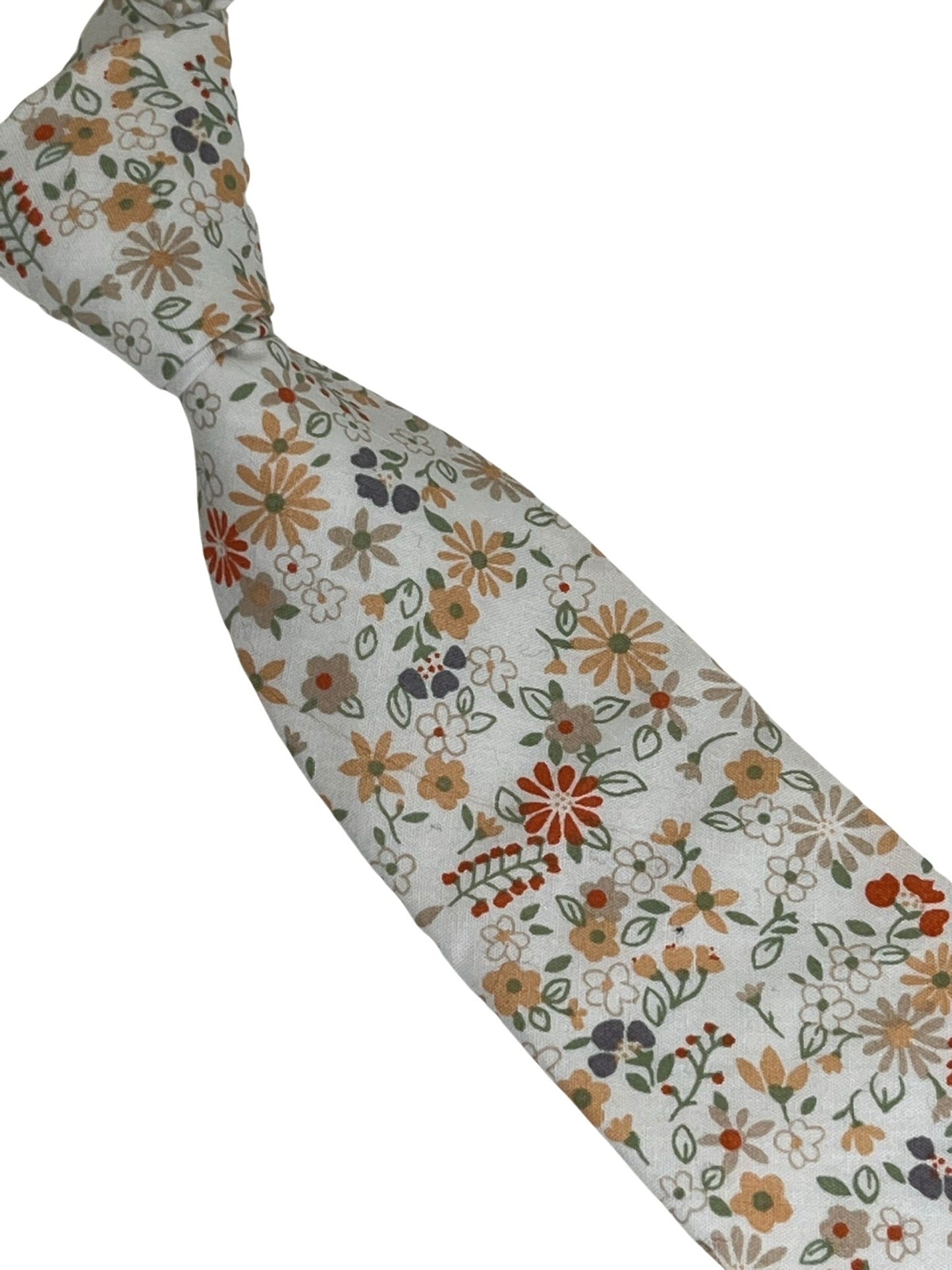 ivory white mens cotton tie with mustard yellow, red flower-s floral design