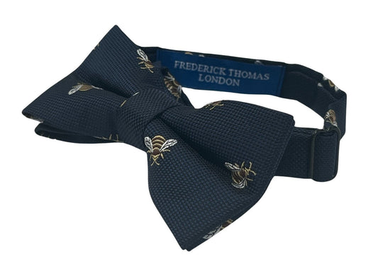 navy dark blue adult bow tie with honey bumble-bee design