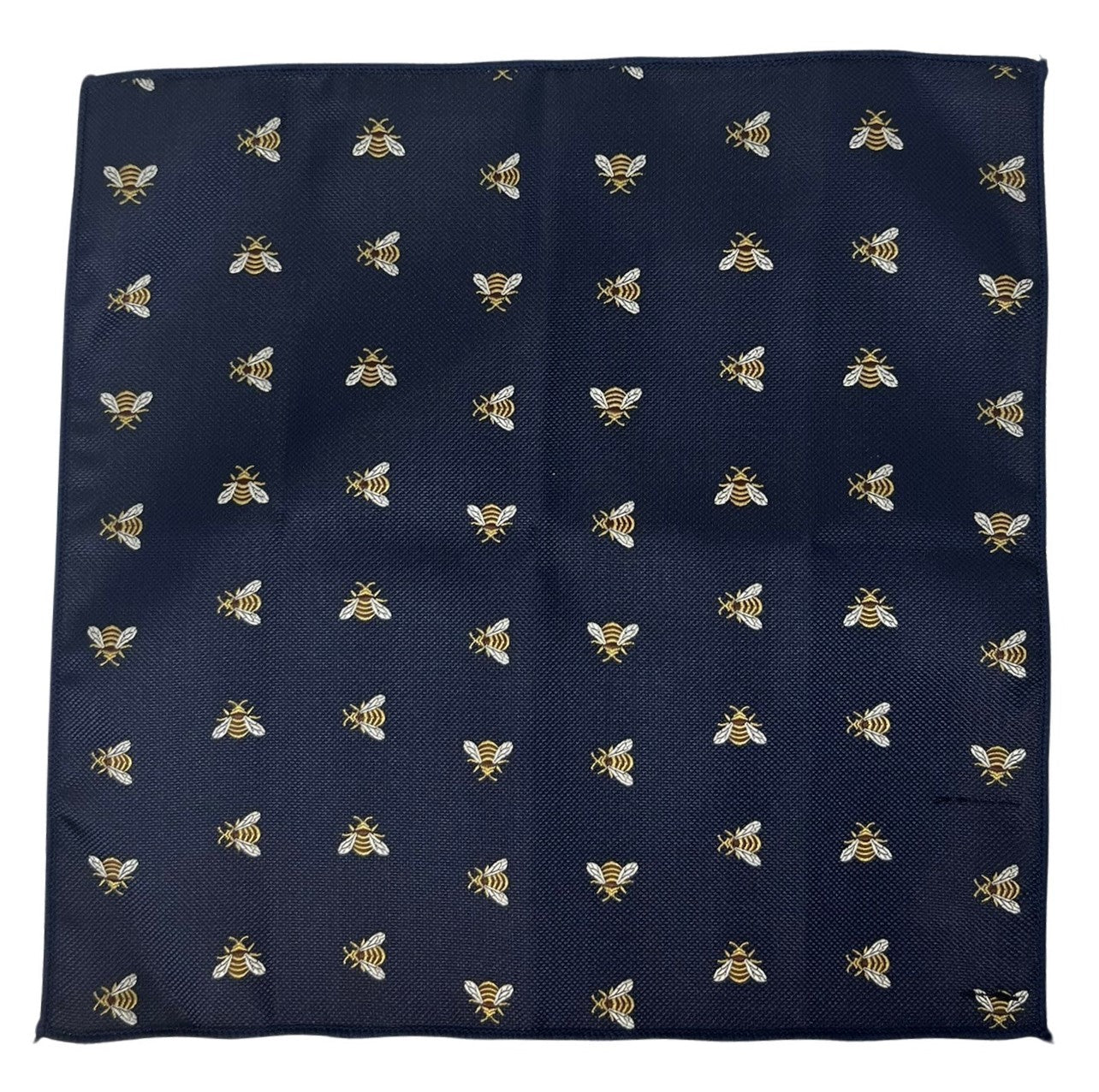 navy pocket square with embroidered honey bumble bee design