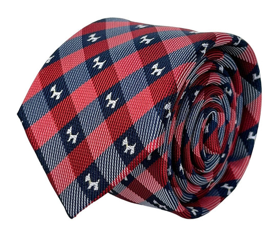 red and dark navy blue plaid gingham style tie with scottie dog, Scottish Terrier design