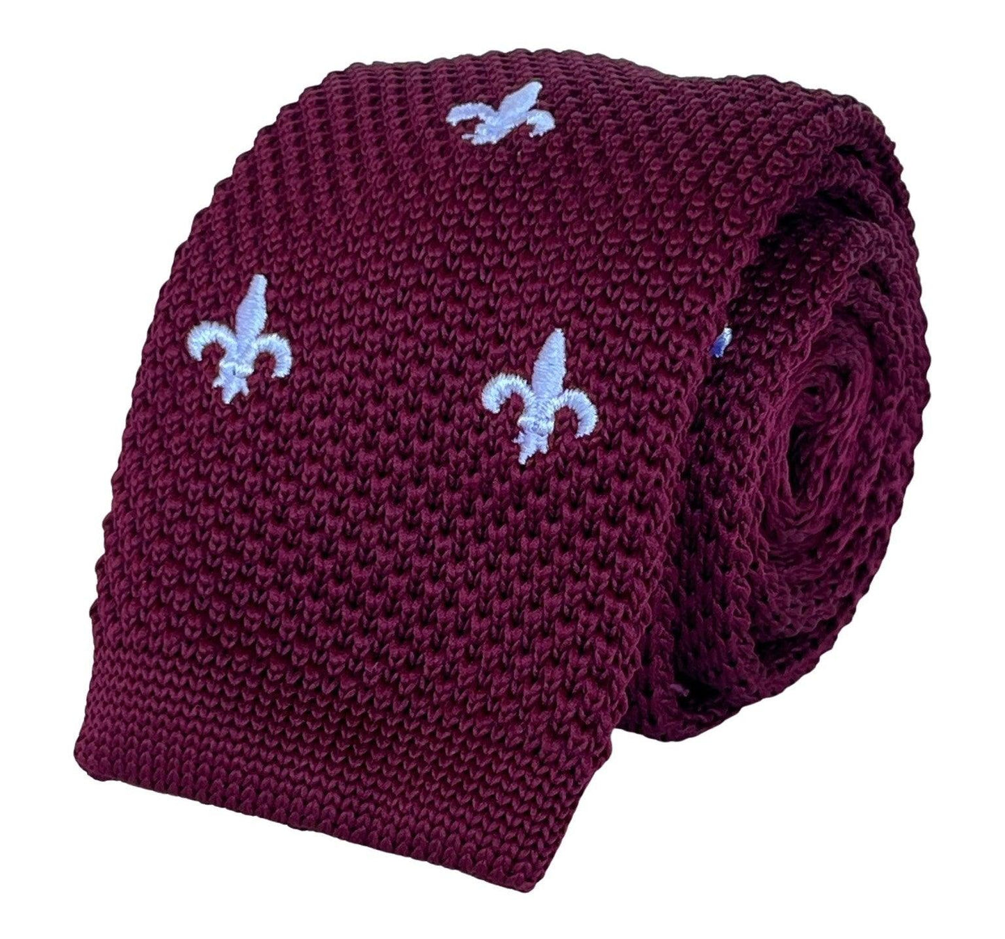 maroon knitted tie with white embroidered fleur de lis lys design