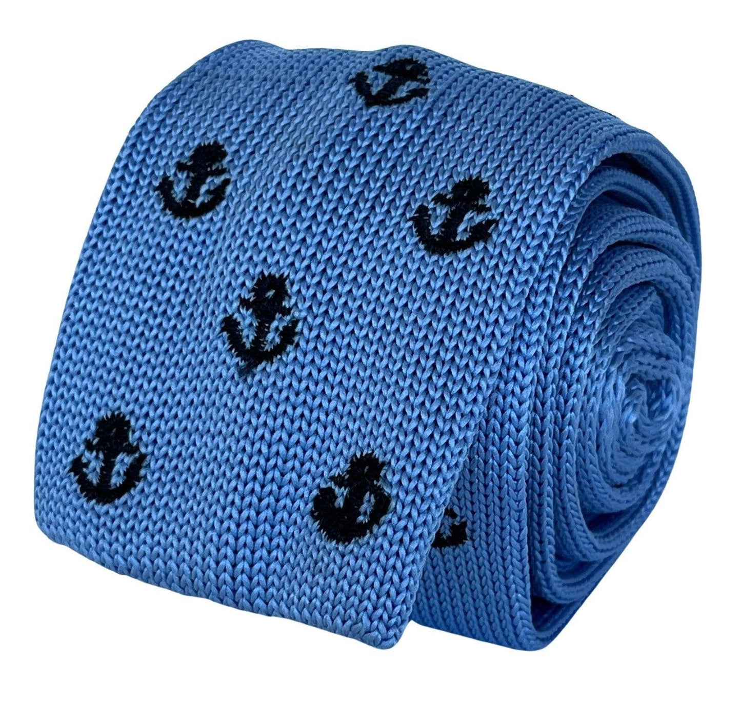 light baby blue knitted tie with nautical anchor embroidered design
