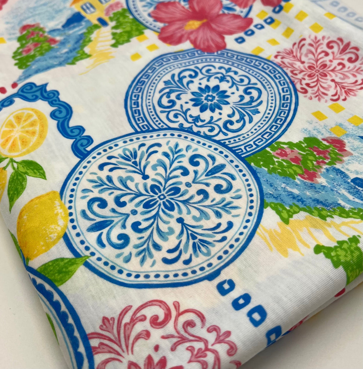 Mediterranean Amalfi Coast Print Spun Poly Stretch Fabric