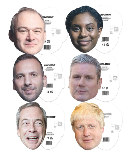 SMP472 British Politics Six Pack Masks - Ed Davey, Kemi Badenoch, Zack Polanski, Kier Starmer, Nigel Farage & Boris Johnson