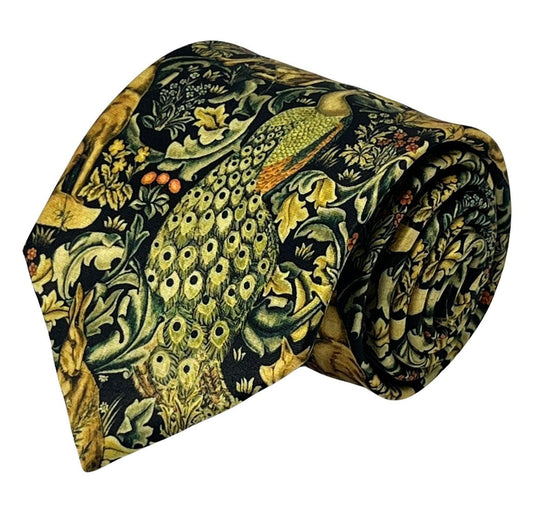 Black tie with peacock hare rabbit woodland liberty style