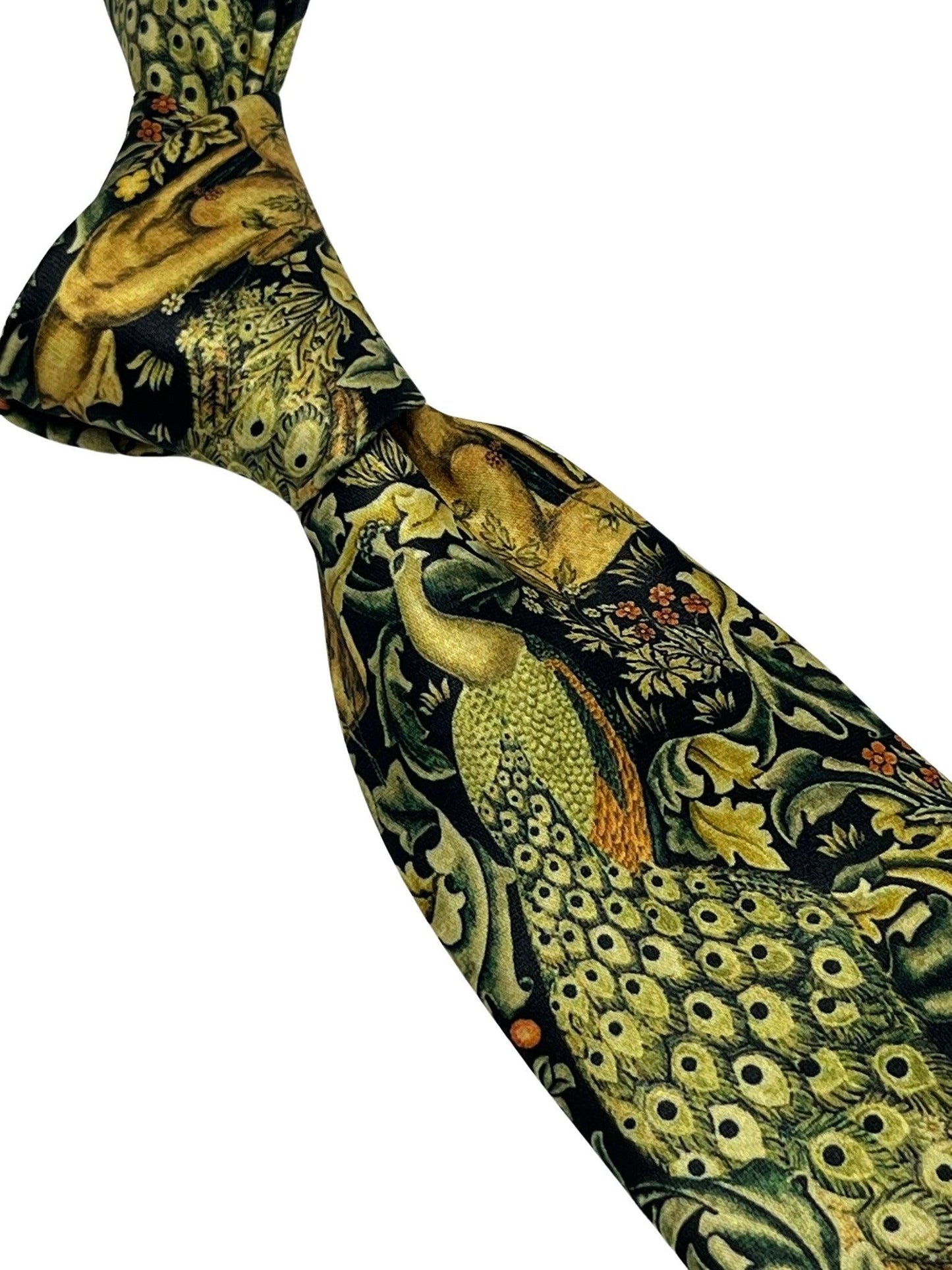 Black tie with peacock hare rabbit woodland liberty style