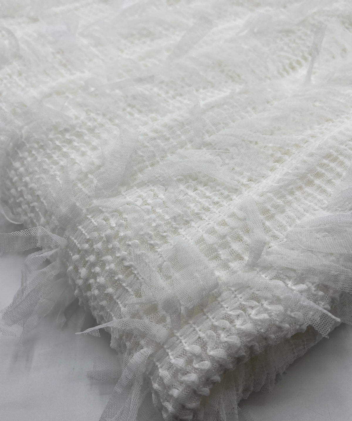 White Textured Mesh Tassel Fabric 2 Way Stretch