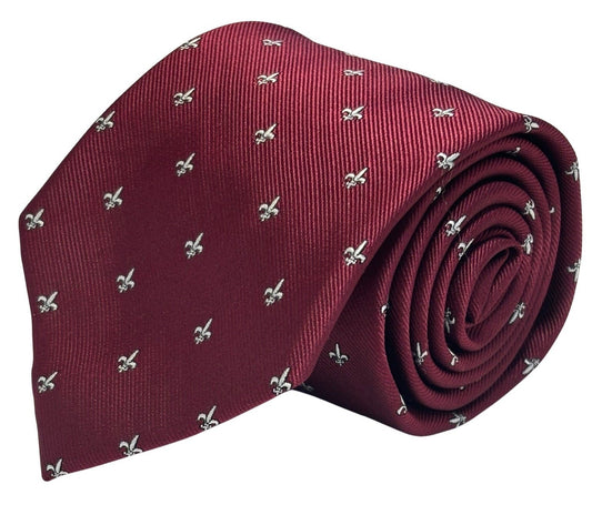dark burgundy maroon red men's tie with fleur de lis lys design