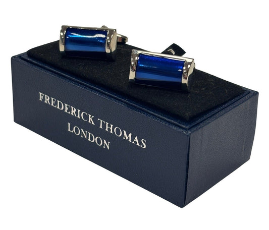 silver rectangular cufflinks with blue stone