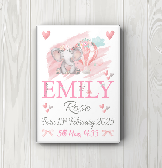 Personalised baby prints for nursery - Elephant little girl