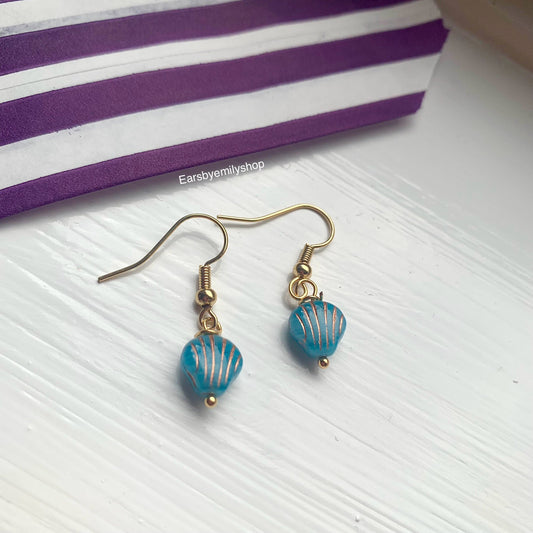Cool quirky beach inspired blue clam shell earrings on 18k gold plated hooks