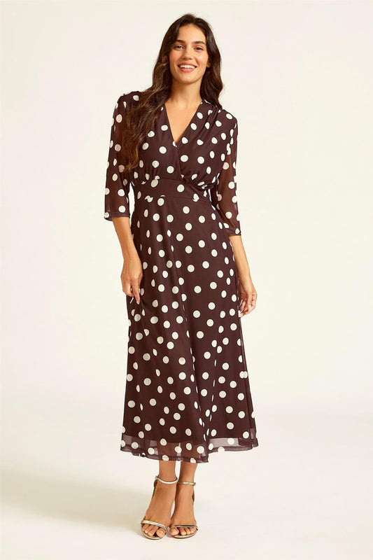 Polka Dot Mesh Wrap Neck 3/4 Sleeve Midi Dress In Brown