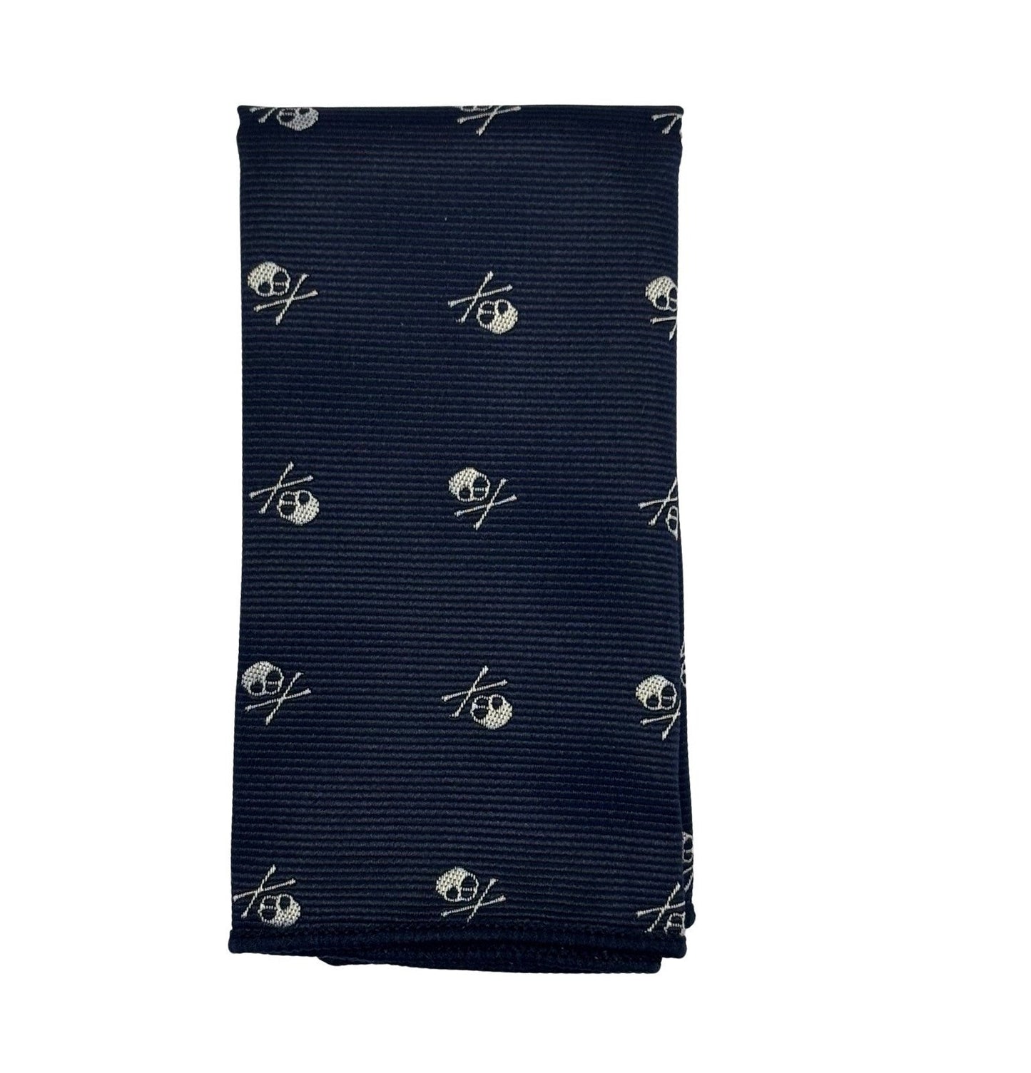 matching navy tie and pocket square with white skull and crossbone design