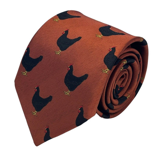 copper burnt orange tie with chicken rooster embroidered design