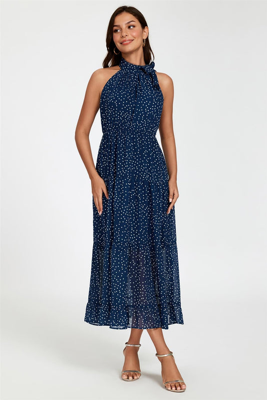 Dot Print Halter Neck Maxi Dress In Navy