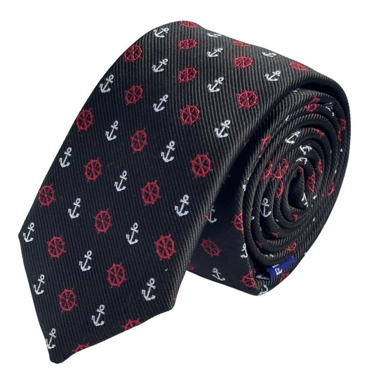 black tie with a nautical anchor and ship wheel design