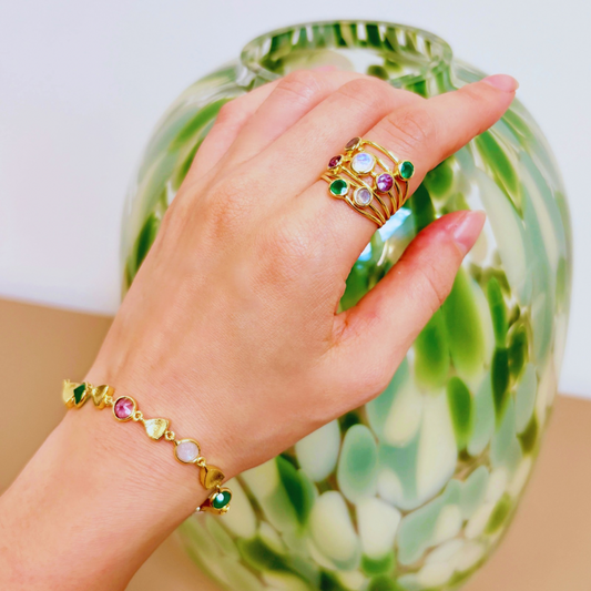 Gold Sara Mixed Gemstone Bracelet Green Onyx, Amethyst & Moonstone