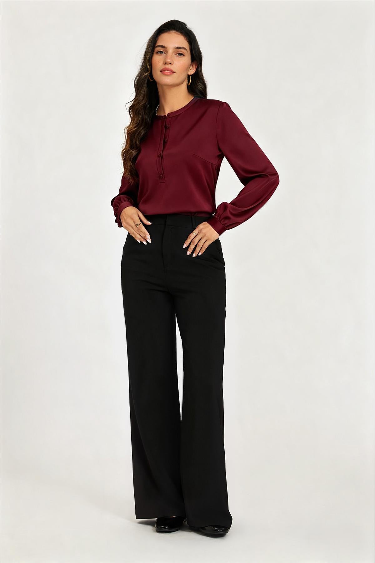 Long Sleeve Satin Blouse Top In Wine