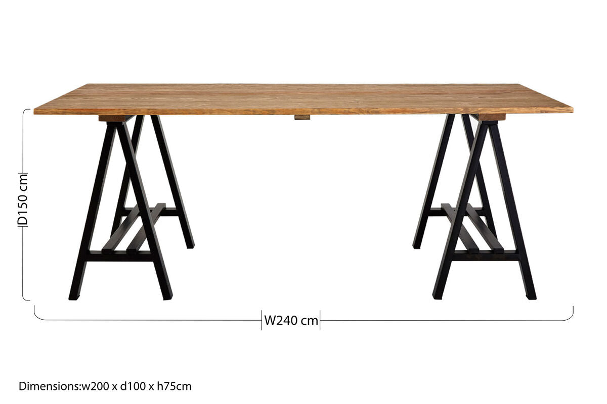 6 Seater Natural Pine Wood Dining Table with Black Iron A-Frame Legs | Hampstead