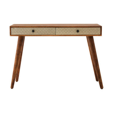 Natural Acacia Wood Console Table with Silver Metal Drawer Fronts | Boho