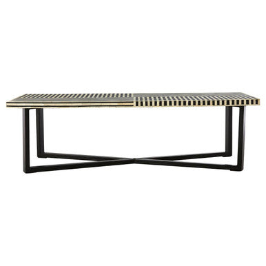 Black and White Buffalo Bone Inlay Top Coffee Table with Black Metal Lattice Base | Boho
