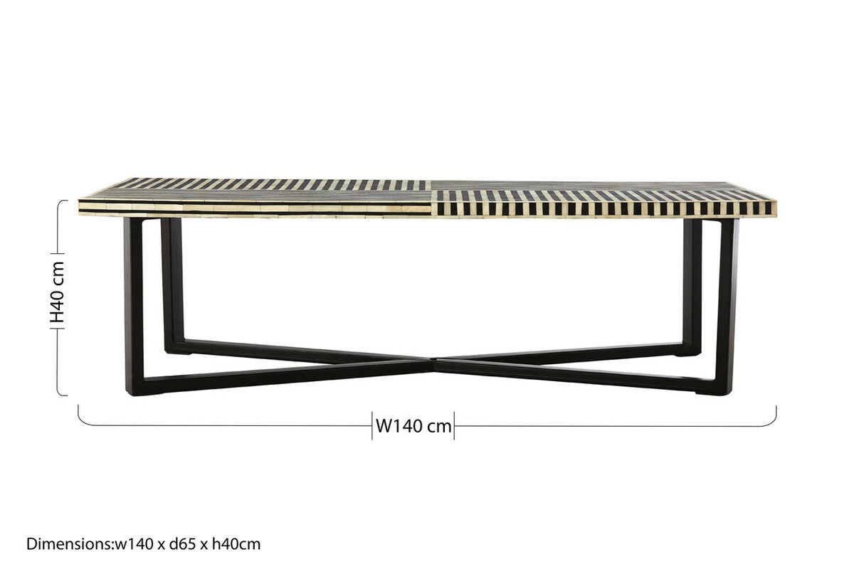 Black and White Buffalo Bone Inlay Top Coffee Table with Black Metal Lattice Base | Boho
