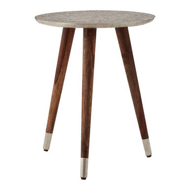White Embossed Metal Top Side Table with Natural Tripod Wood Base, Boho