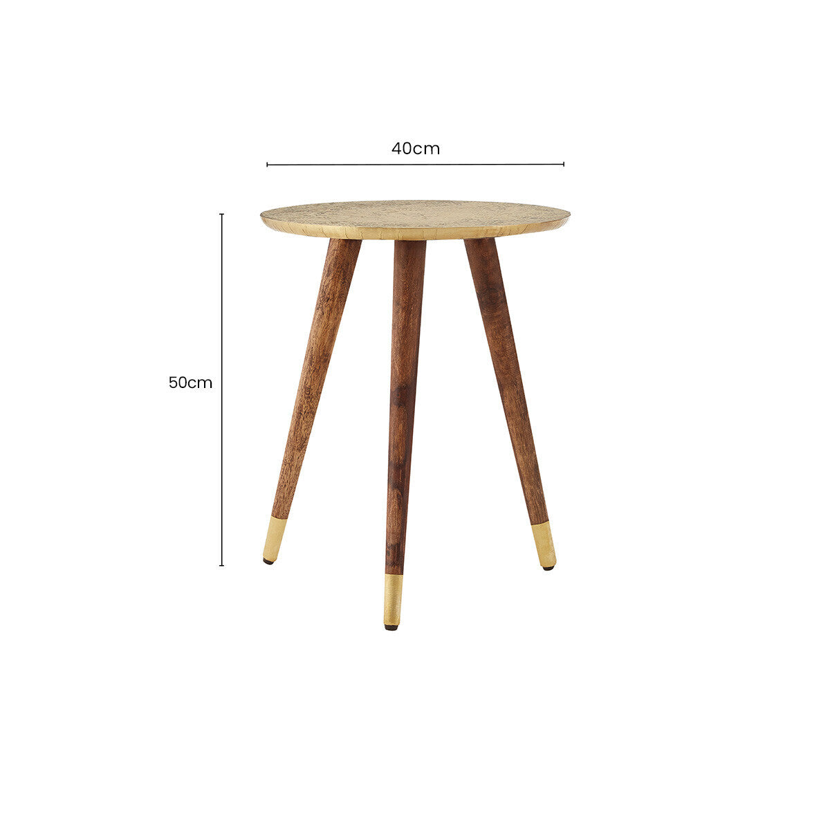 Gold Embossed Metal Top Side Table with Natural Tripod Wood Base | Boho
