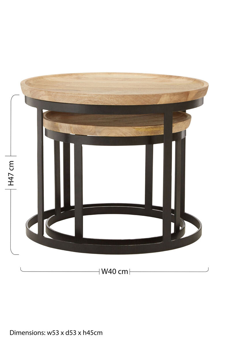 Set of 2 Natural Mango Wood Top Nesting Tables with Black Open Cage Metal Frame | Boho