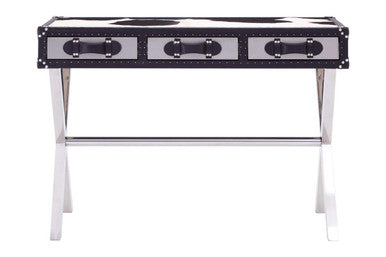 Black and White Cowhide Console Table with 3 Drawers and Leather Trim | Kensington Townhouse