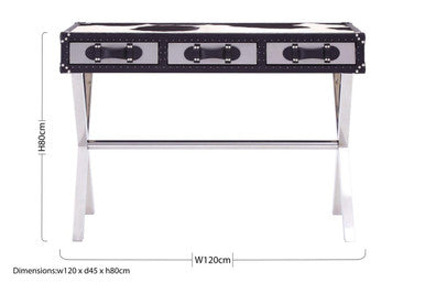 Black and White Cowhide Console Table with 3 Drawers and Leather Trim | Kensington Townhouse
