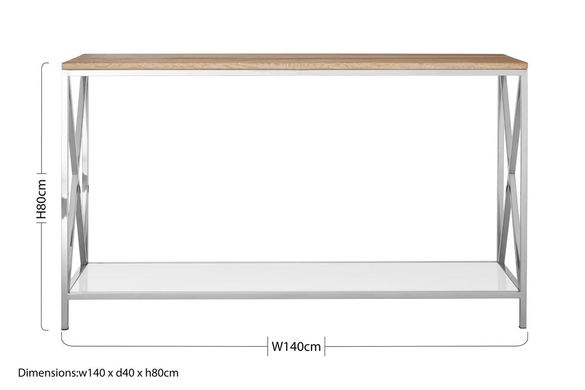 Natural Oak Wood Console Table with Silver Mirrored Lower Shelf | Chiswick