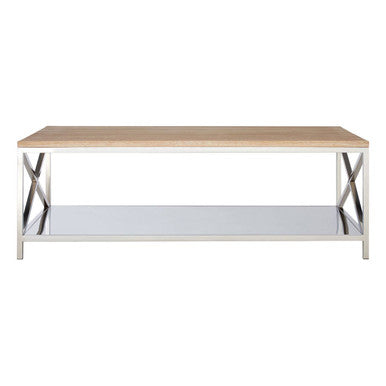 Natural Oak Wood Coffee Table with Silver Mirrored Lower Shelf | Chiswick