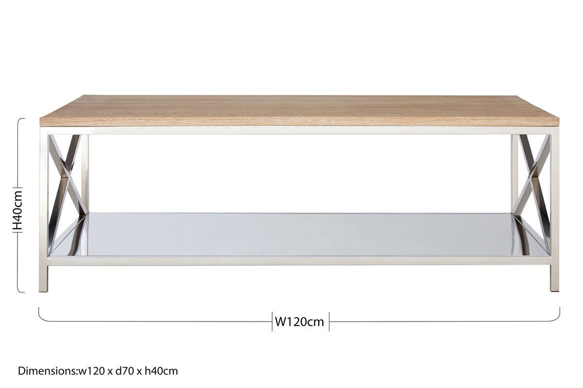 Natural Oak Wood Coffee Table with Silver Mirrored Lower Shelf | Chiswick