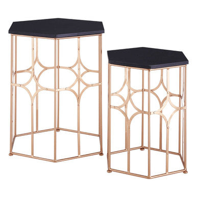Set of 2 Black Hexagon Top Nesting Side Tables with Rose Gold Metal Frames | Lexa