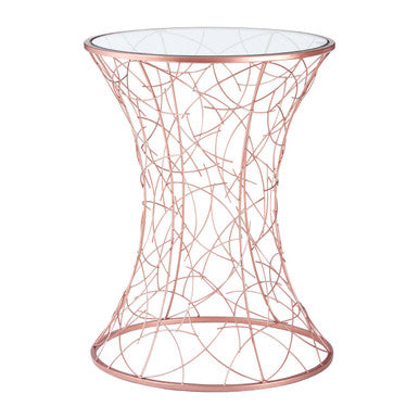 Concave Glass Top Round Table with Rose Gold Hourglass Frame, Lexa