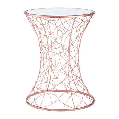 Concave Glass Top Round Table with Rose Gold Hourglass Frame | Lexa