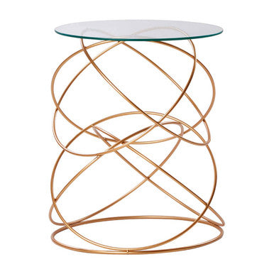 Rose Gold Round Table with Tempered Glass Surface and Geometric Detailing | Lexa