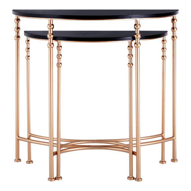 Set of 2 Matte Black MDF Tops Half Round Console Tables with Rose Gold Metal Legs | Lexa