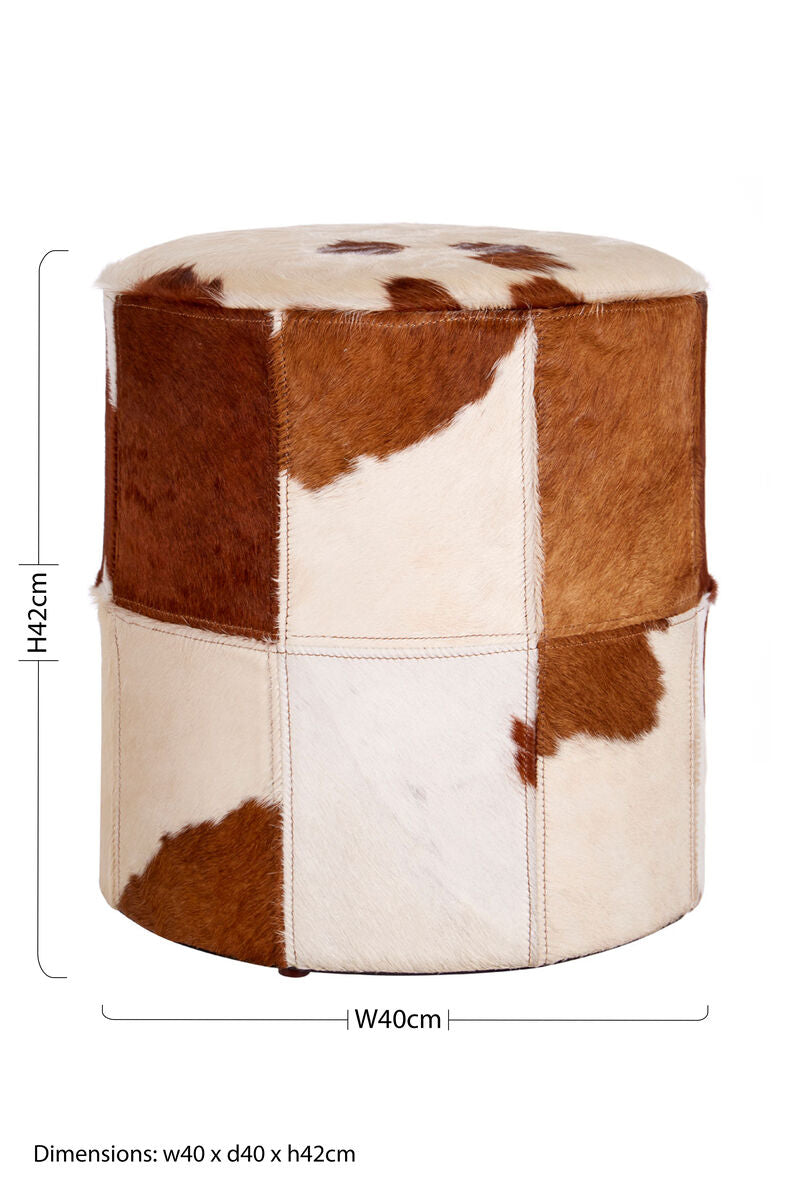 Kensington Townhouse Brown and White Hair on Leather Stool with Stitched Detail