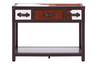 Kensington Townhouse Brown And White Genuine Cowhide 3 Drawer Table