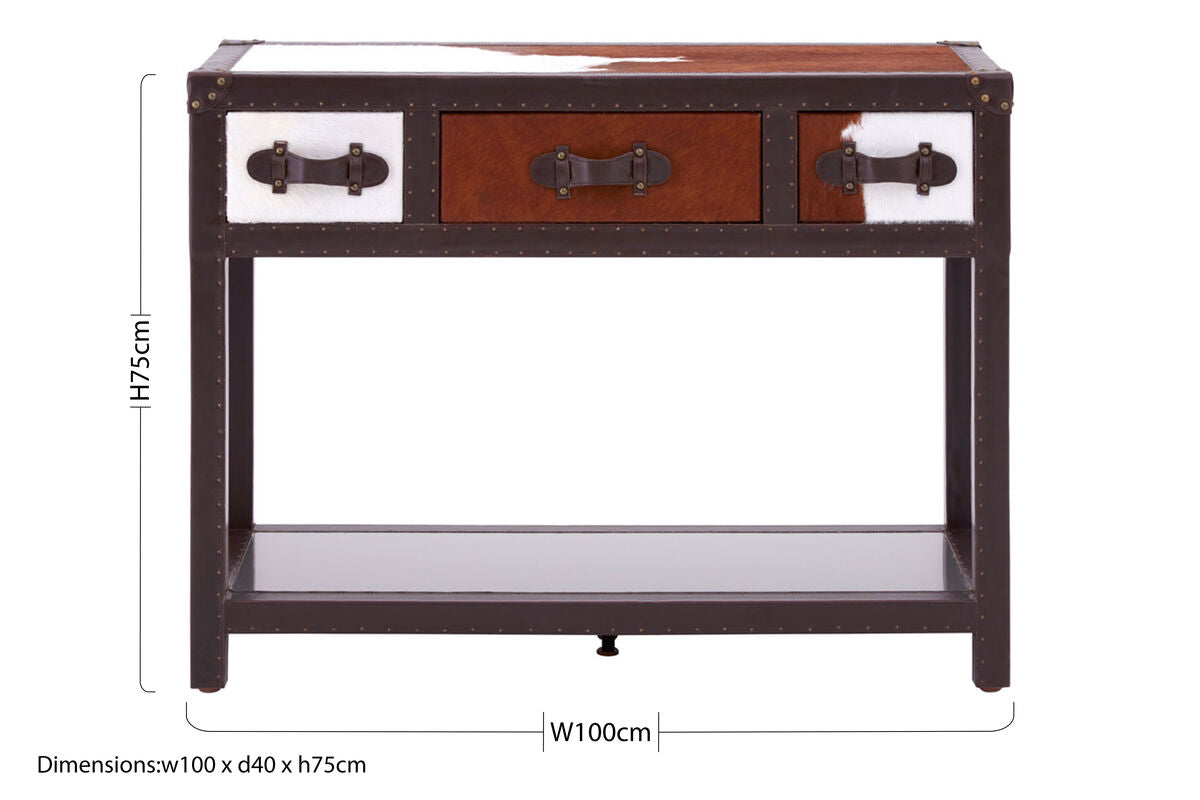 Brown and White Cowhide 3-Drawer Console Table with Leather Trim | Kensington Townhouse