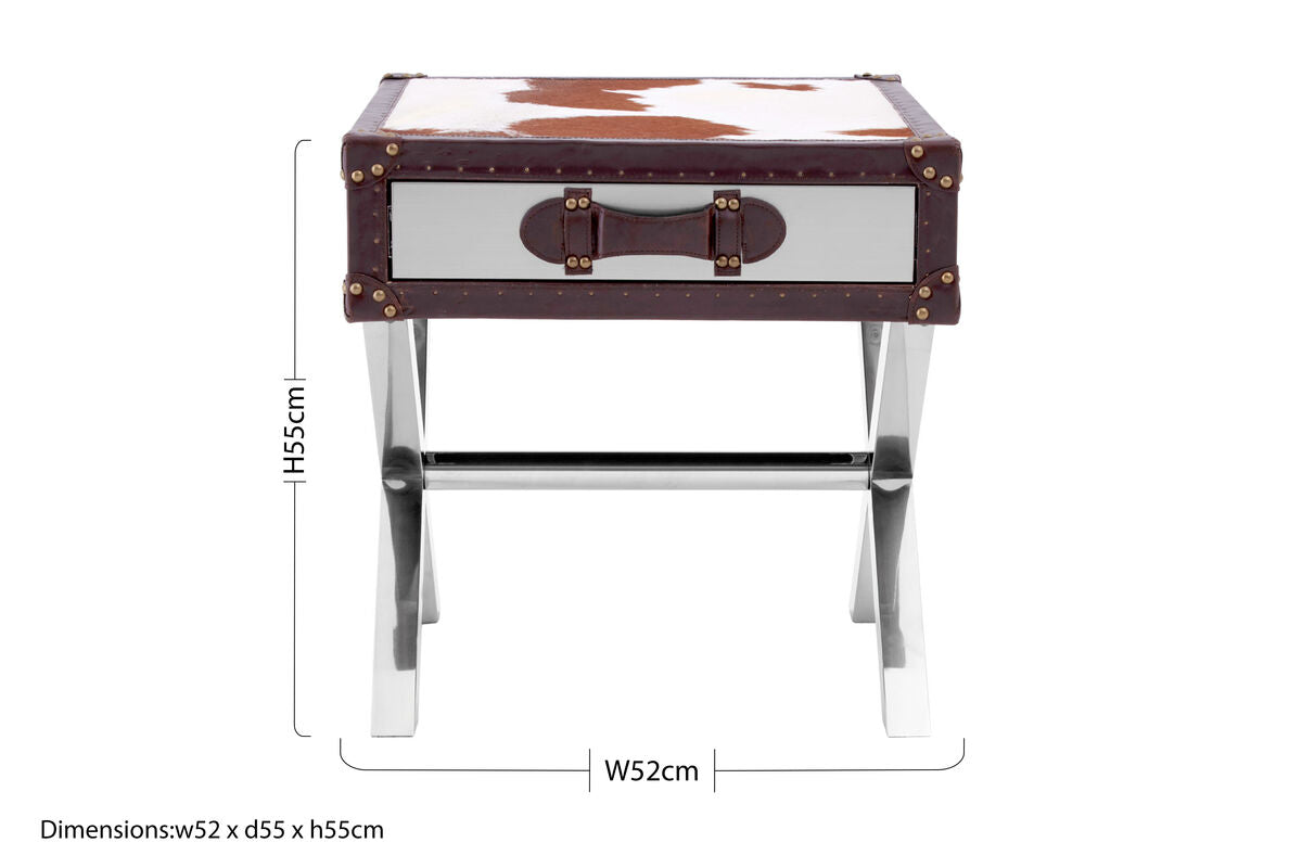 Brown and White Cowhide 1-Drawer Bedside Table with Leather Handle | Kensington Townhouse