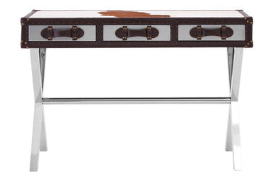 Brown and White Genuine Cowhide 3-Drawer Console Table with Crossed Stainless Steel Legs | Kensington Townhouse