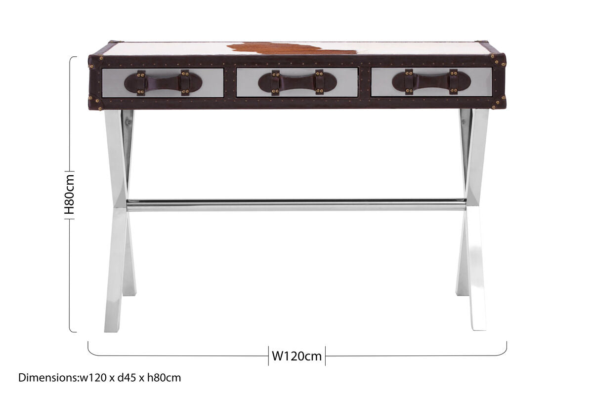 Brown and White Genuine Cowhide 3-Drawer Console Table with Crossed Stainless Steel Legs | Kensington Townhouse