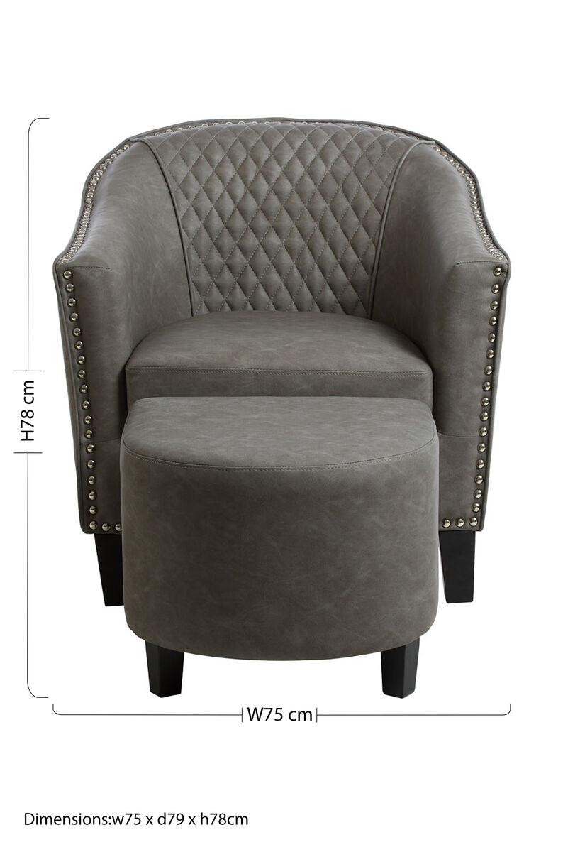Derby Grey Faux Leather Tub Chair and Footstool with Stud Detail