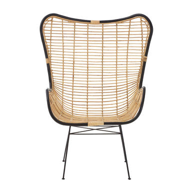 Java Natural Rattan Wingback Chair with Black Metal Frame
