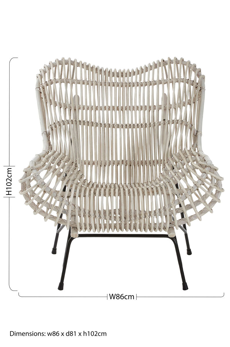 Java White Washed Rattan Chair with Curved Back